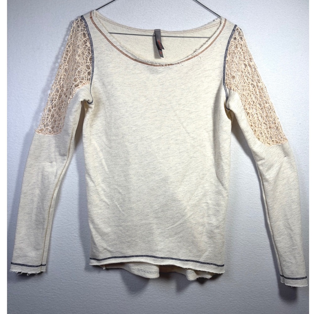 Jesse & J Crochet Lace Long Sleeve Top Womens Medium Cream Excellent Boho Scoop